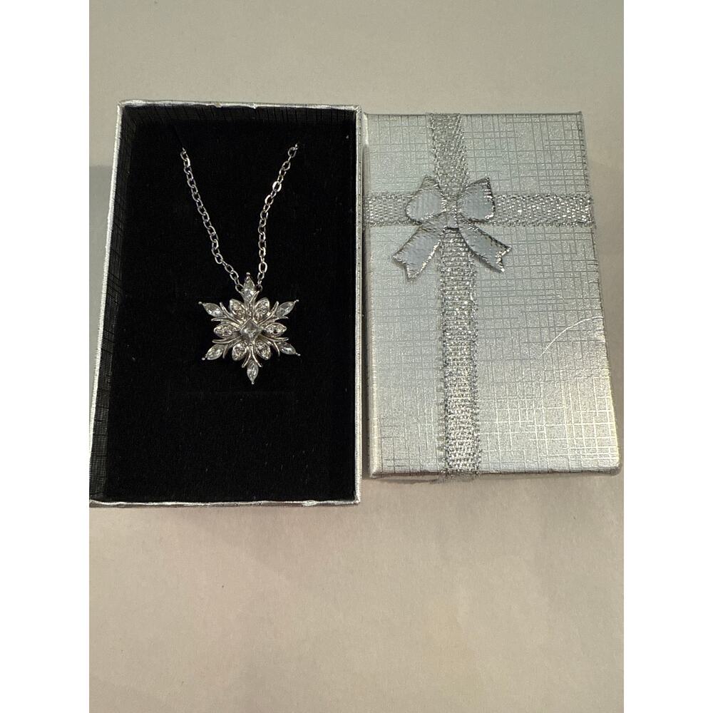 Silvertone Snowflake Pendant Necklace Clear Cubic Zirconia 1/2 Inch Pendant